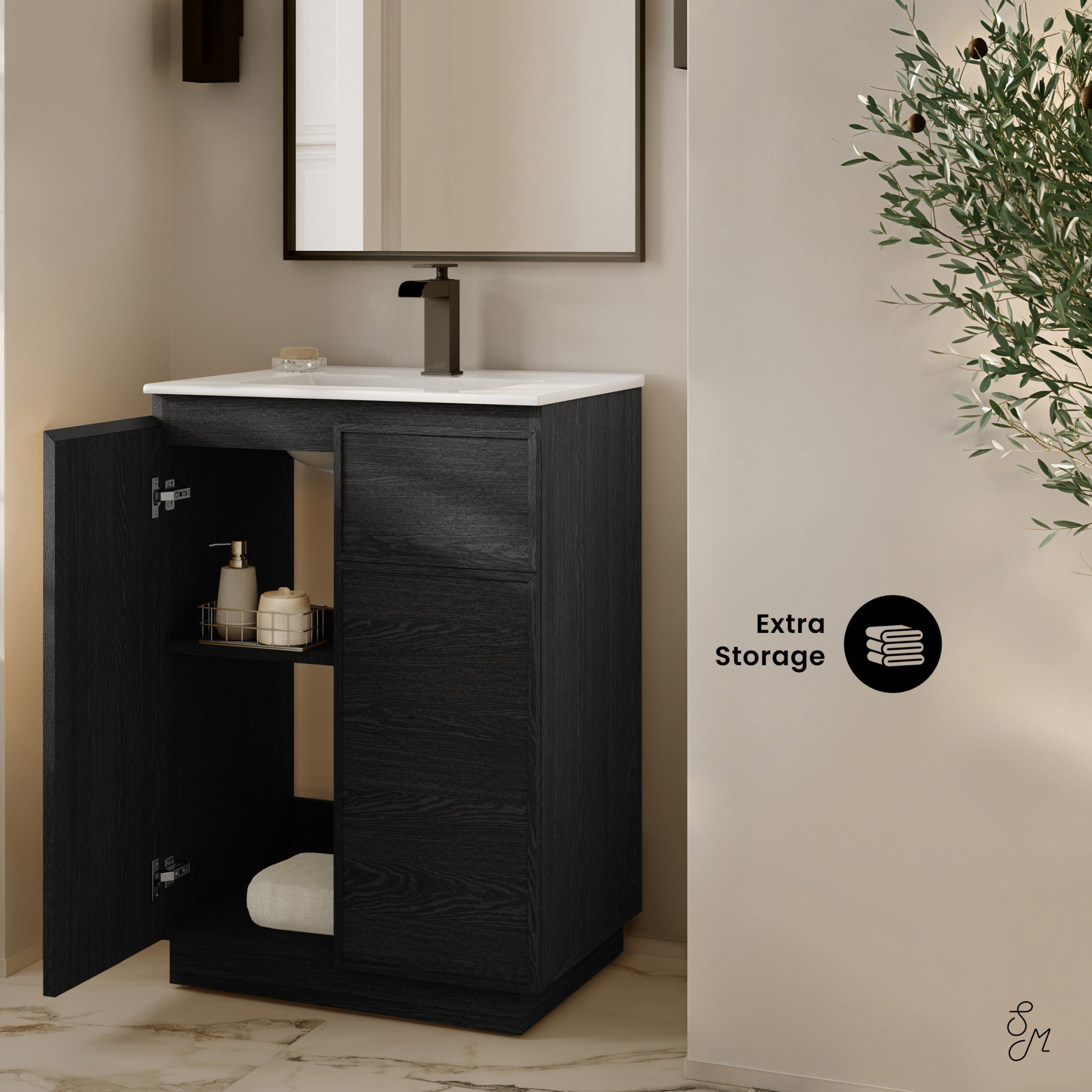 St. Tropez 24" Freestanding Bathroom Vanity in Black Oak with Sink Top