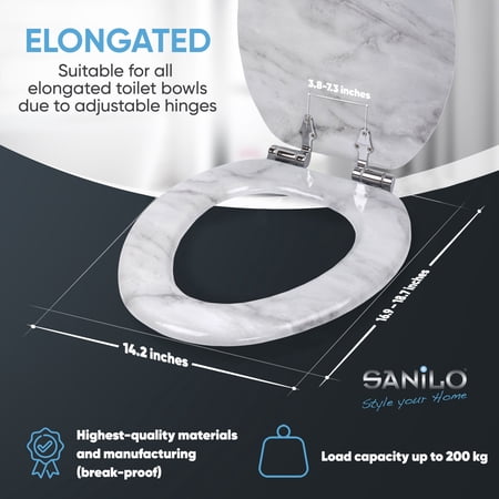 Sanilo Soft Close Toilet Seat ELONGATED, Quiet and Slow Close Lid and Seat, Strong Bumpers and Hinges, Marble