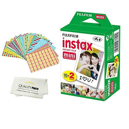 Fujifilm Instax Mini Instant Film 2 Pack - 20 Hojas - (Blanco) para Fujifilm Instax Mini 8 y Mini 9 cámaras + pegatinas de marco y accesorios de tela de microfibra
