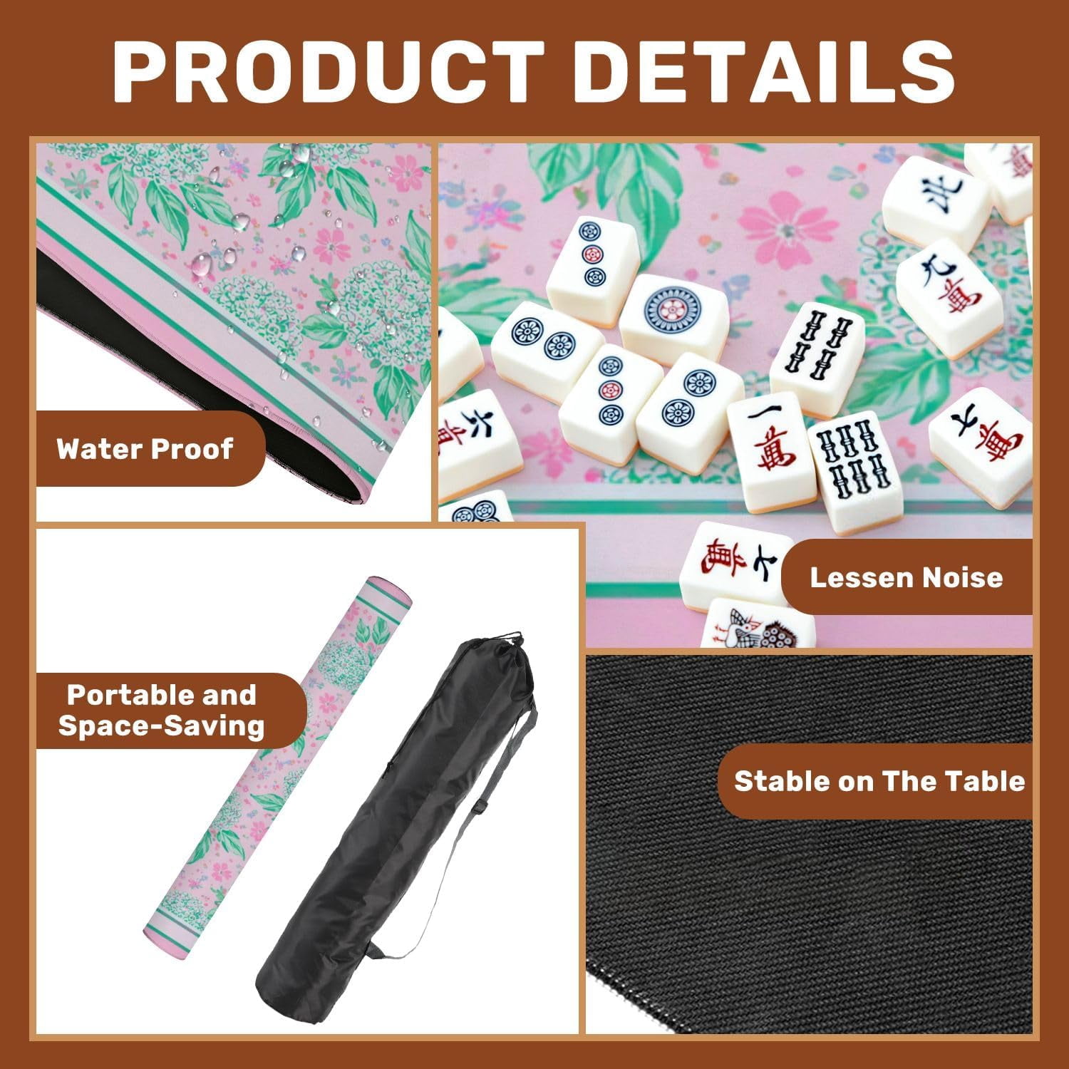 Mahjong Mat with Carrying Bag 31.5" x 31.5" Non-Slip Noise Reduction Hydrangea Floral Mint Green Blooms Pink Table Mat for Mahjong Poker Dominoes Card Board Tile Games