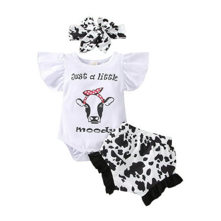 

One opening Newborn Baby Girl Summer Clothes Outfits Fly Sleeve Cow Printed Romper + Ruffled Shorts + Headband Outfits Set