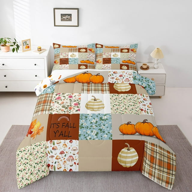 YST Autumn Harvest Bedding Set Fall Pumpkin Quilt King Size For Kids Boys Rustic Farmhouse Flower Comforter Set Country Geometric Plaid Bedding Comforter Sets With 2 Pillow Cases