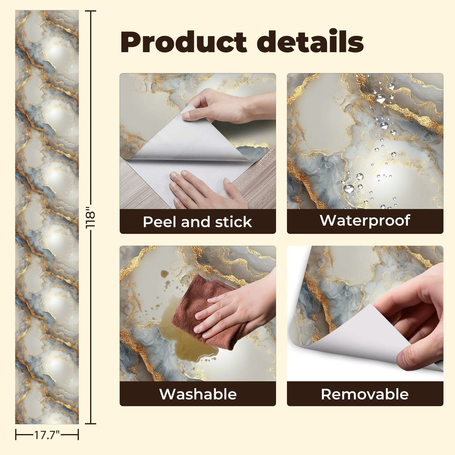Peel and Stick Wallpaper 17.7in x 9.8ft Abstract Gold Grey Marble Flowing Lines Glimmering Texture Contact Paper Vinyl Self-Adhesive Removable Wall Paper for Bedroom DIY Home Decor Renter Friendly