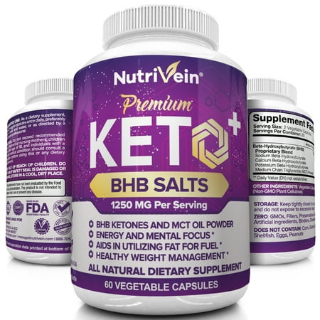 Nutrivein Keto Diet Pills 1250mg - Advanced Ketogenic Diet Weight Loss Supplement - BHB Salts Exogenous Ketones Capsules - Effective Ketosis Diet Fat Burner, Carb Blocker, Appetite Suppressant, 60