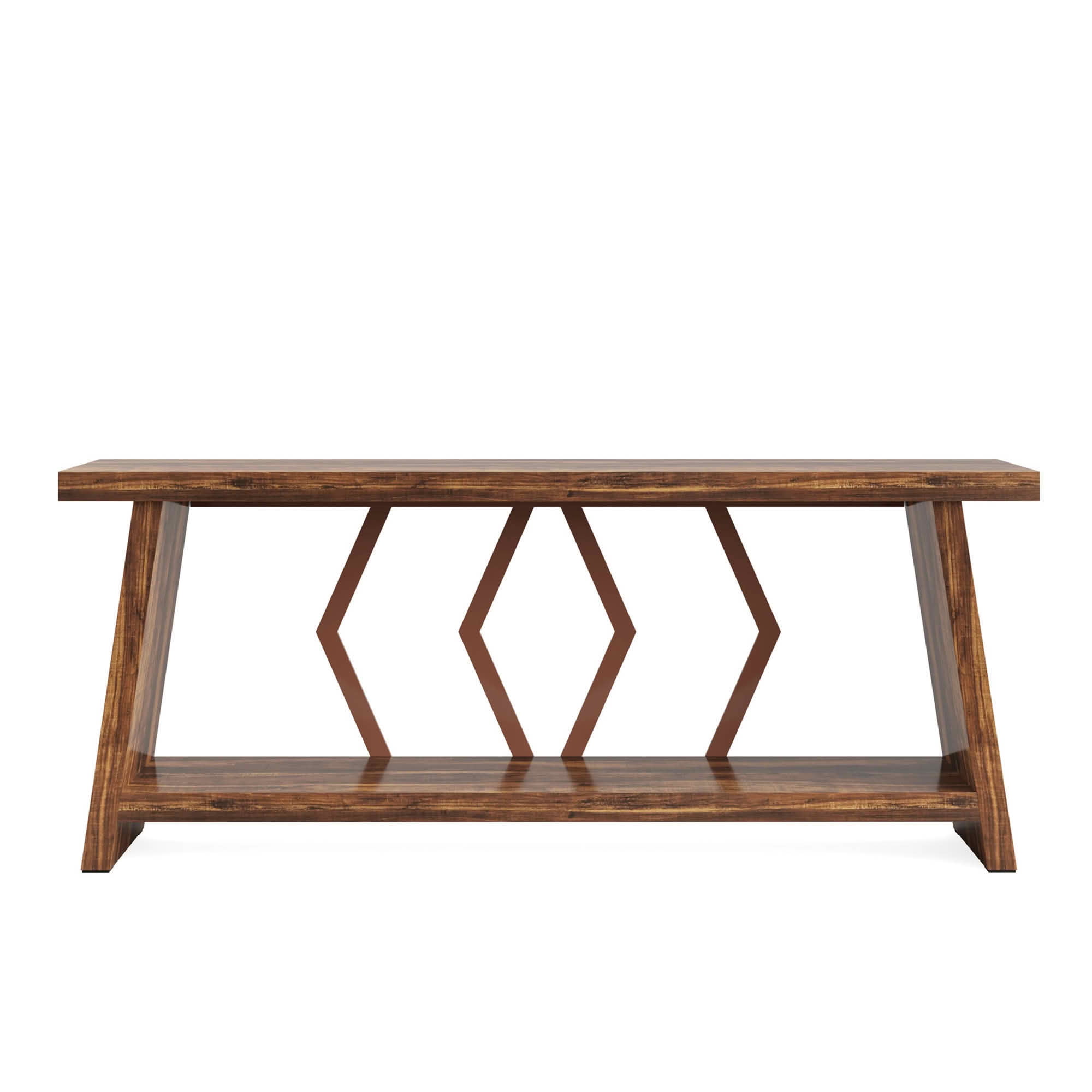 MAYEERTY 70.86" Extra Long 2-Tier Console Table, 1.97" Thick Wood Top Angular Rustic Metal Frame Sofa Table