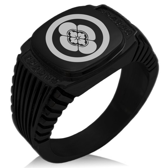 Stainless Steel Takigawa Samurai Crest CZ Ribbed Needle Stripe Pattern Biker Style Polished Ring