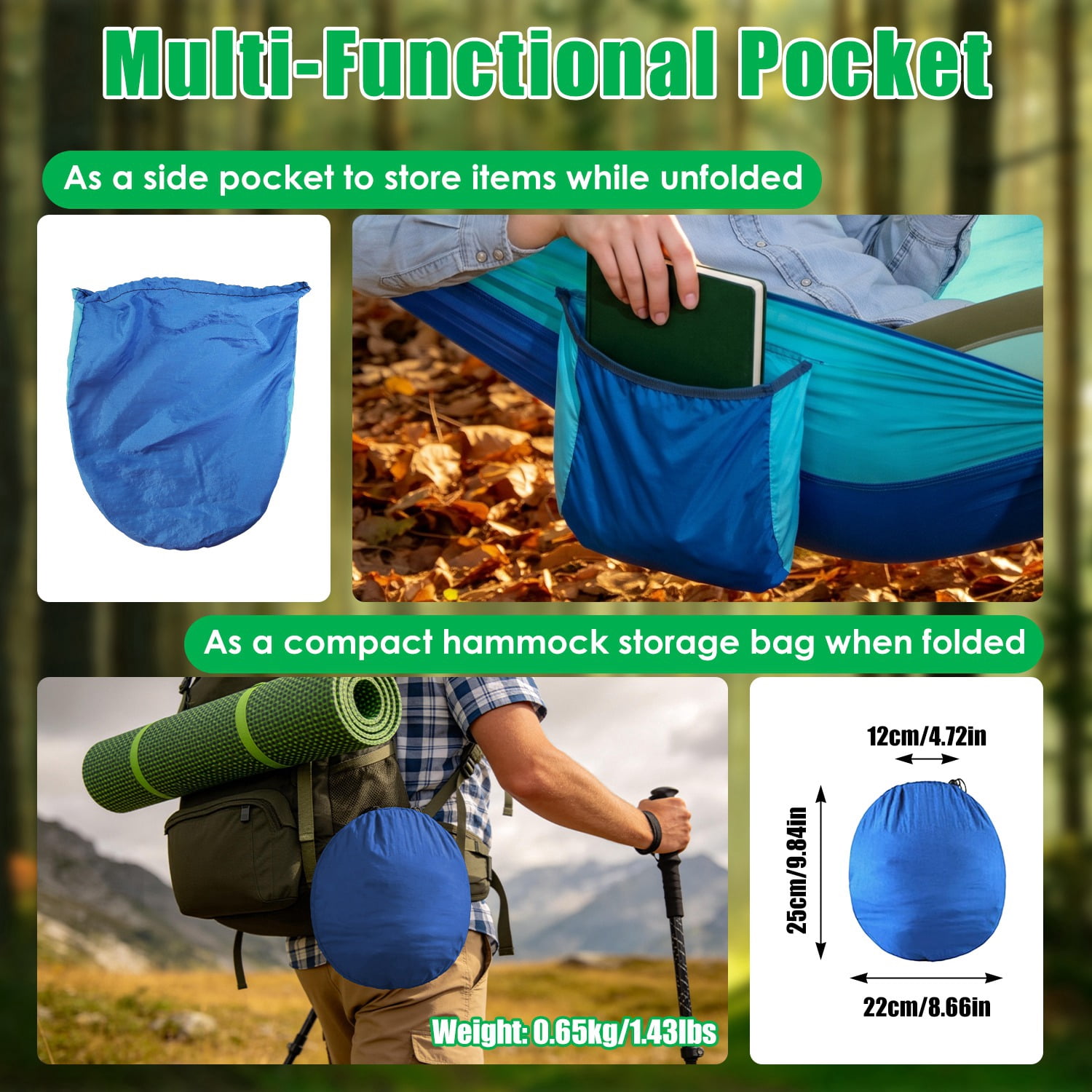 Lightweight Camping Hammock with Pop-Up Mosquito Net, 3-in-1 Portable Hammock Tent with Dual Zippers Side Pocket, 440lbs Load Capacity 70D Nylon for Outdoor Hiking Backpacking