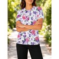 thumbnail image 5 of Women's All-Over Print Pink Rose Purple Floral T-Shirt Short Sleeve Crewneck Casual Summer Tee Tops, 5 of 6