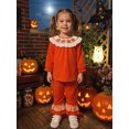 thumbnail image 6 of RUINIXCW Toddler Baby Girl Halloween Outfit Infant Baby Girls Fall Clothes Cute Pumpkin Ghost Embroidery Long Sleeve Babydoll Shirt Tops Ruffled Flare Pants Set, 6 of 9