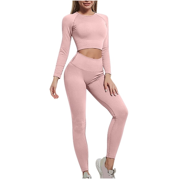 QSAWXQZ Women's Seamless Ribbed Workout Set 2 Piece Long Sleeve Crew Neck Crop Top High Waist Leggings Tummy Control Activewear Outfit for Gym Yoga Running S