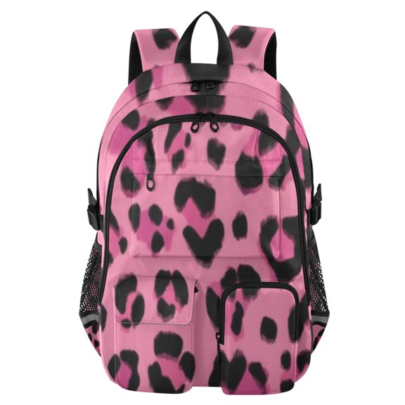 DIXRUYEE Rose Leopard Print Pattern Backpack for School 14”Laptop Compatible with Reflective Safety Strips