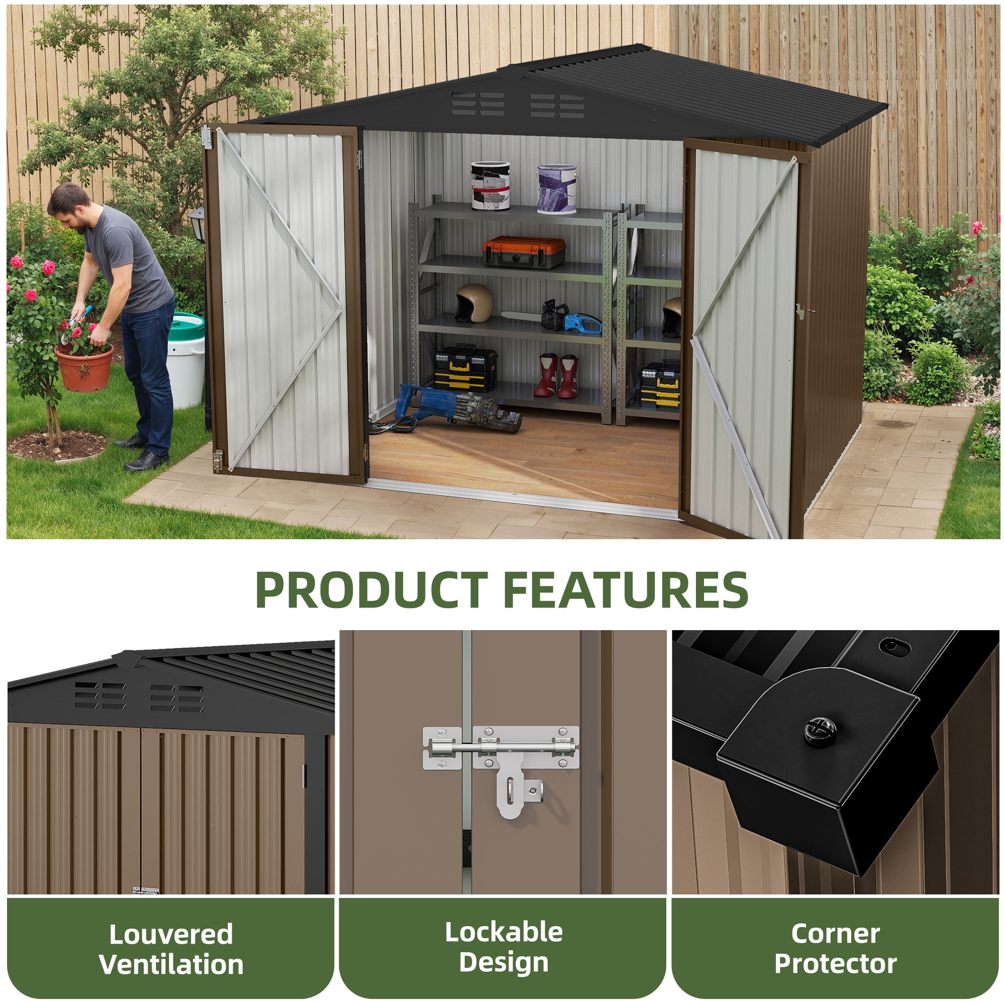 Uforic 7x5ft Metal Outdoor Storage Shed, Waterproof Heavy Duty Storage Unit with Lockable Door & Ventilation, Outdoor Tool Shed for Bike, Lawn Mower, Garden Tools, Backyard Patio Lawn Use, Brown