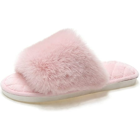 

CoCopeaunt Women s Fuzzy Fur Flat Slippers Soft Open Toe House Slippers Memory Foam Sandals Slides Home Slippers Indoor Outdoor