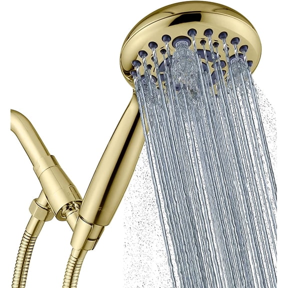 Handheld Shower Head High Pressure 6 Spray Settings, Detachable Hand Held Showerhead 4.9" Face with Extra Long Flexible Hose and Metal Adjustable Bracket (Polished Brass)
