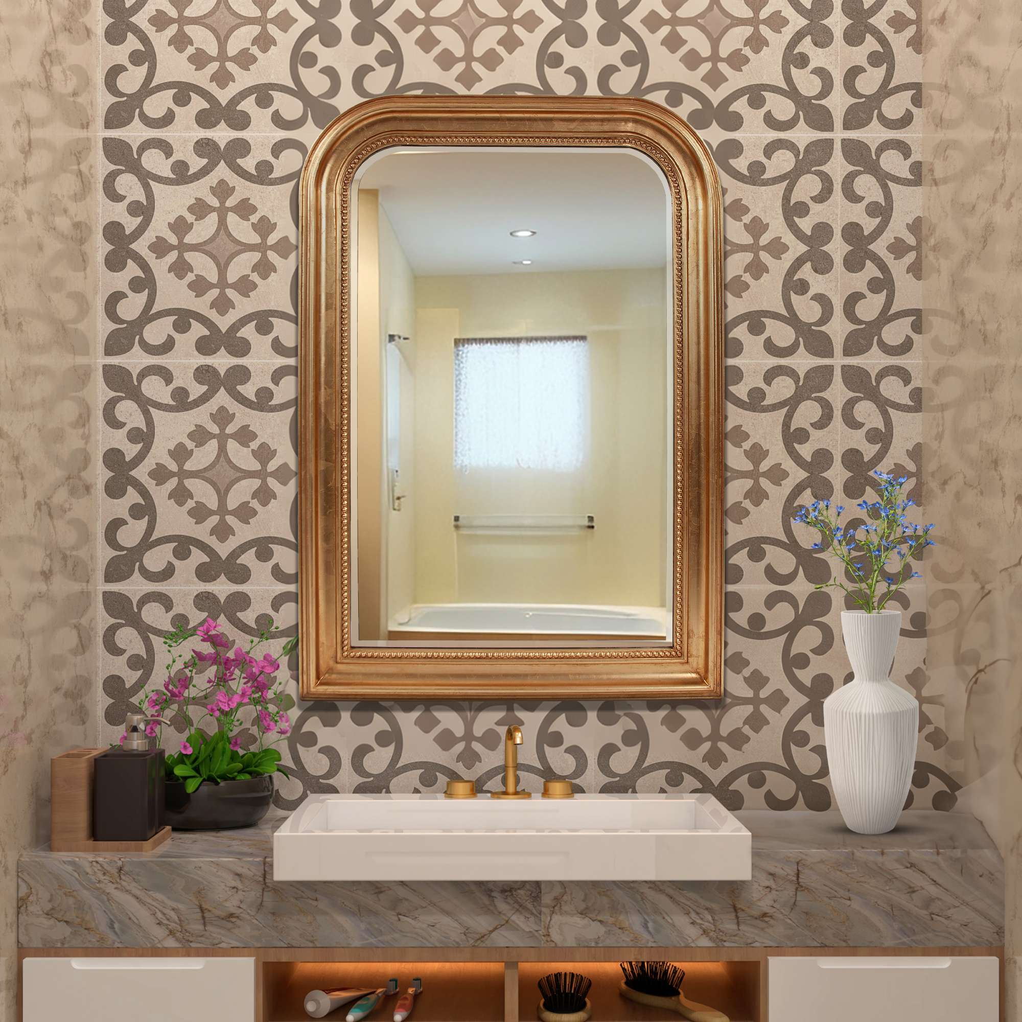 Tyler Dillon Antique Gold Wood Framed Vanity and Wall Mirror 42"H x 30"W