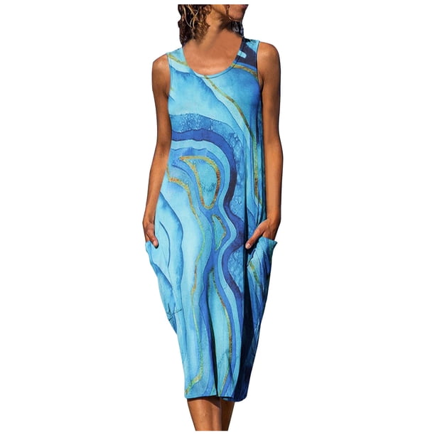 Vestido a media pierna sin mangas con estampado floral suelto casual de cuello redondo de verano para mujer Fridja hj192