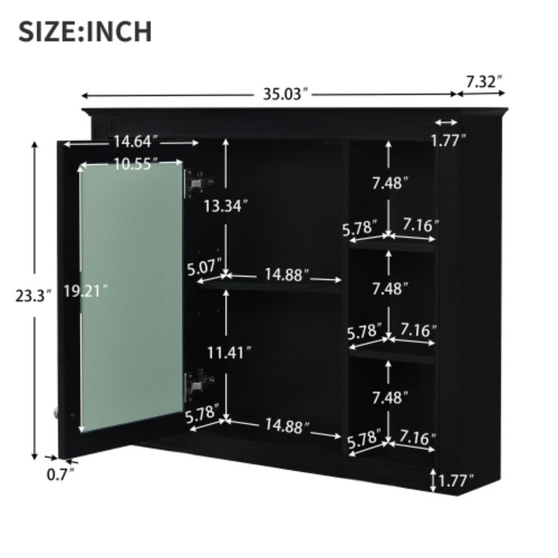 35"x 28" Wall Mounted Bathroom Medicine Cabinet with Mirror, Bathroom Storage Cabinet with 6 Open Shelves, Adjustable Shelves & Towel Bar, Black