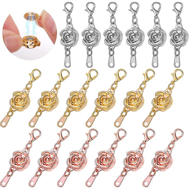 18 piezas de broche magnético de joyería con forma de rosa, 3 colores antialérgicos, collar magnético, broche de pulsera, broche de langosta, cadena de extensión magnética para collar