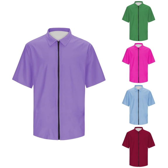 CUSTG Men Blouse Casual Short Sleeve Zipper Summer Beach Shirt Light Texture Elastic Shirt Lapel Vacation Solid Color Tops