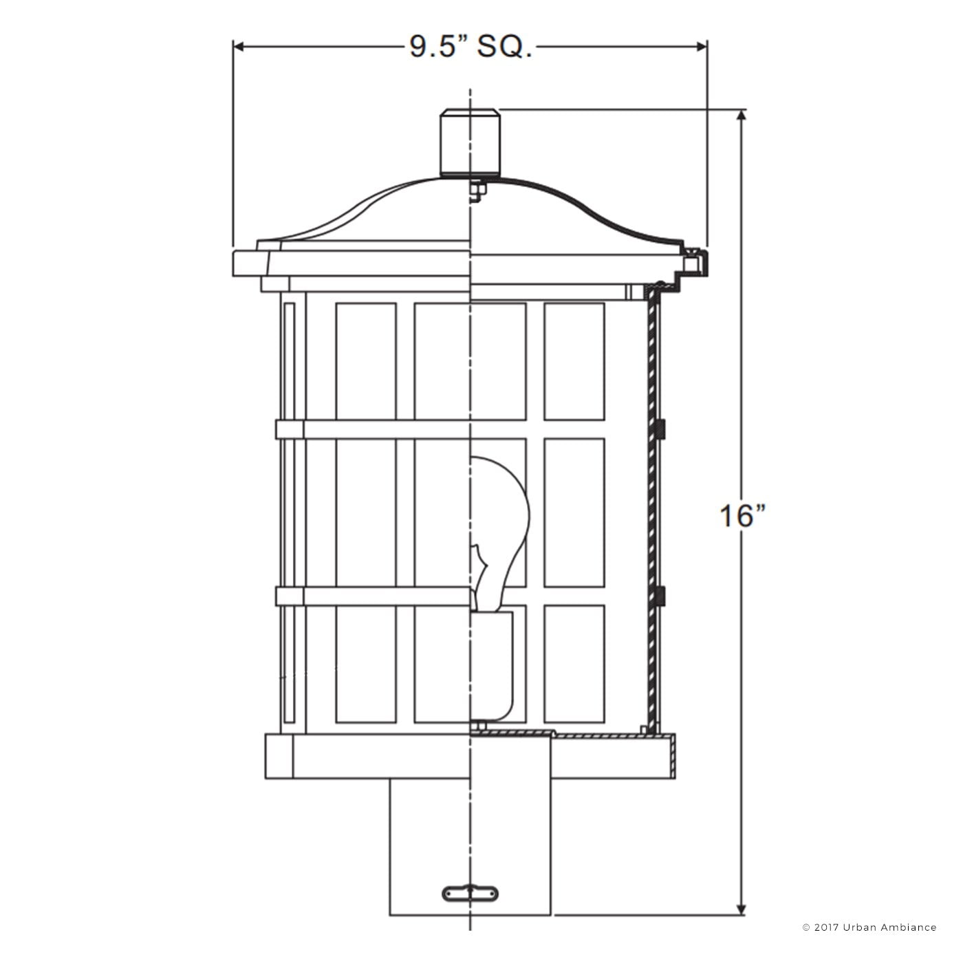 Urban Ambiance Luxury Craftsman Outdoor Post Light, Medium Size: 16.5"H x 9.5"W, with Tudor Style Elements, Highly-Detailed Design, High-End Black Silk Finish and Water Glass, UQL1246