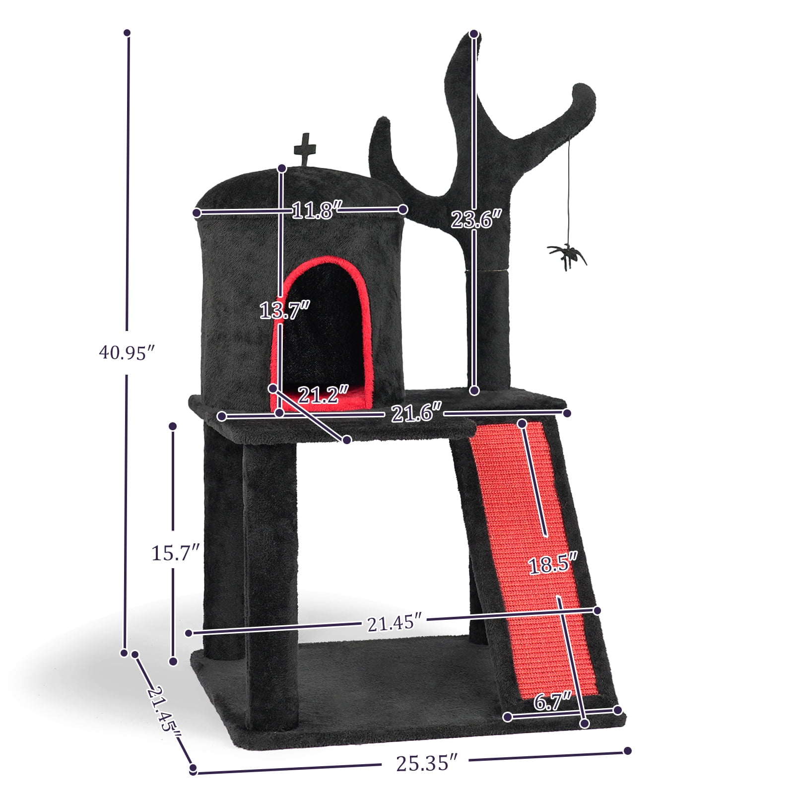 Zephypaws 42" Black Gothic Halloween Cat Tree, Indoor Cat Tower with Condo, Branch Scratching Post, Ladder & Spider Toy, Red & Black Design