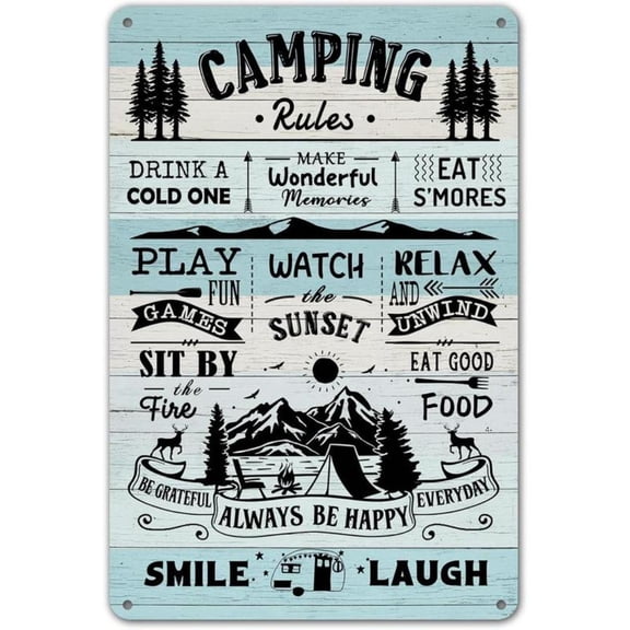 HELLOYOUNG Blue Camping Rules Metal Sign - Perfect RV and Camper Decor for Inside, Outdoor Camping Decorations, 12" * 8"