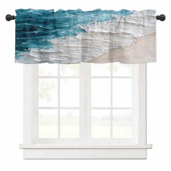 Watercolor Beach Waves Valances for Windows Abstract Blue Ocean Rod Pocket Curtain Valance Window Treatment Short Curtains for Kitchen Living Room, 54"x18"