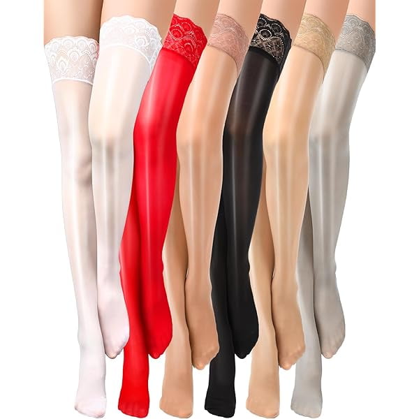 Chenchen Shiny Thigh High Stockings Oil Silicone Lace Top Sheer Tights Over Knee Stockings for Women