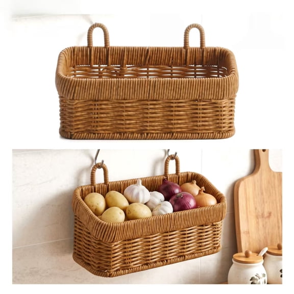 Woven Wall Hanging Basket for Kitchen Storage – Vegetable Produce Organizer, Garlic Onion Holder, Boho Hanging Plant Holder for Home Pantry, 8.47"×3.74"×3.15"