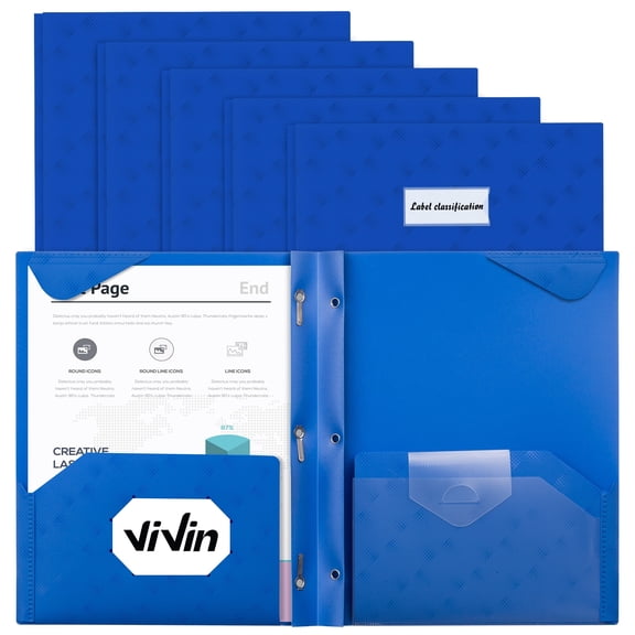 ViVin Sturdy Plastic Folder with with a secure clasp, Poly 2 Pockets and 3 Prongs, 6 Pack, Blue