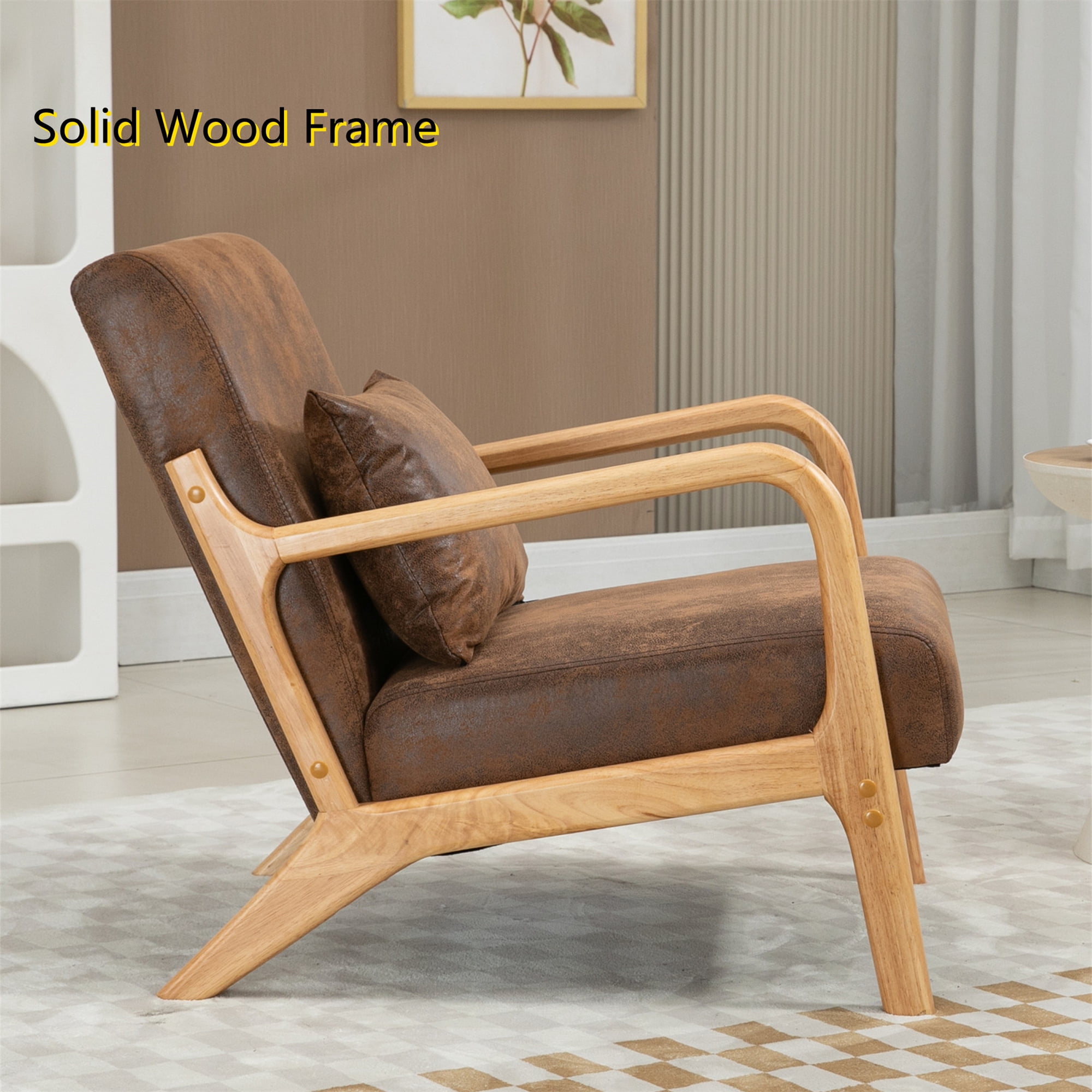 Aukfa Mid Century Modern Accent Chair w/ Lumbar Pillow for Living Room, Wood Frame, Leather, Brown