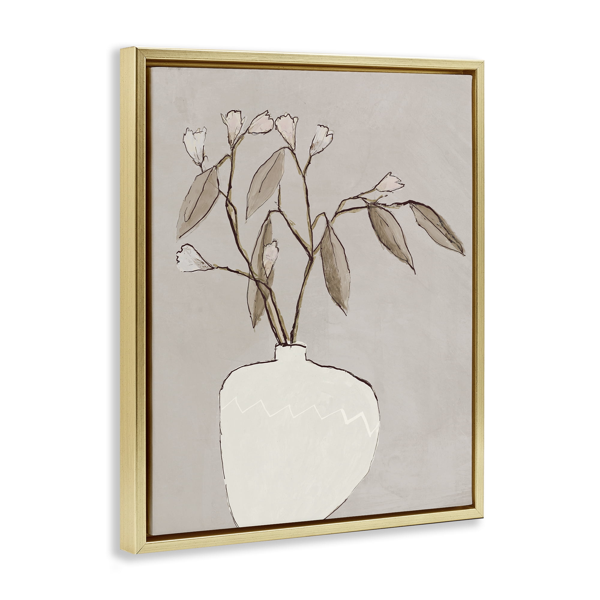 Stupell Industries Neutral Tan Greenery Plants & Flowers Painting Gold Floater Framed Canvas Art Print Wall Art, 25 x 31