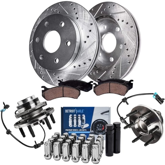 Detroit Axle - 2WD Front Brake Kit for Silverado Sierra Yukon XL Suburban Avalanche Express Savana 1500 Drilled Brake Rotors Ceramic Brake Pads Wheel Bearing Hubs Lug Nuts