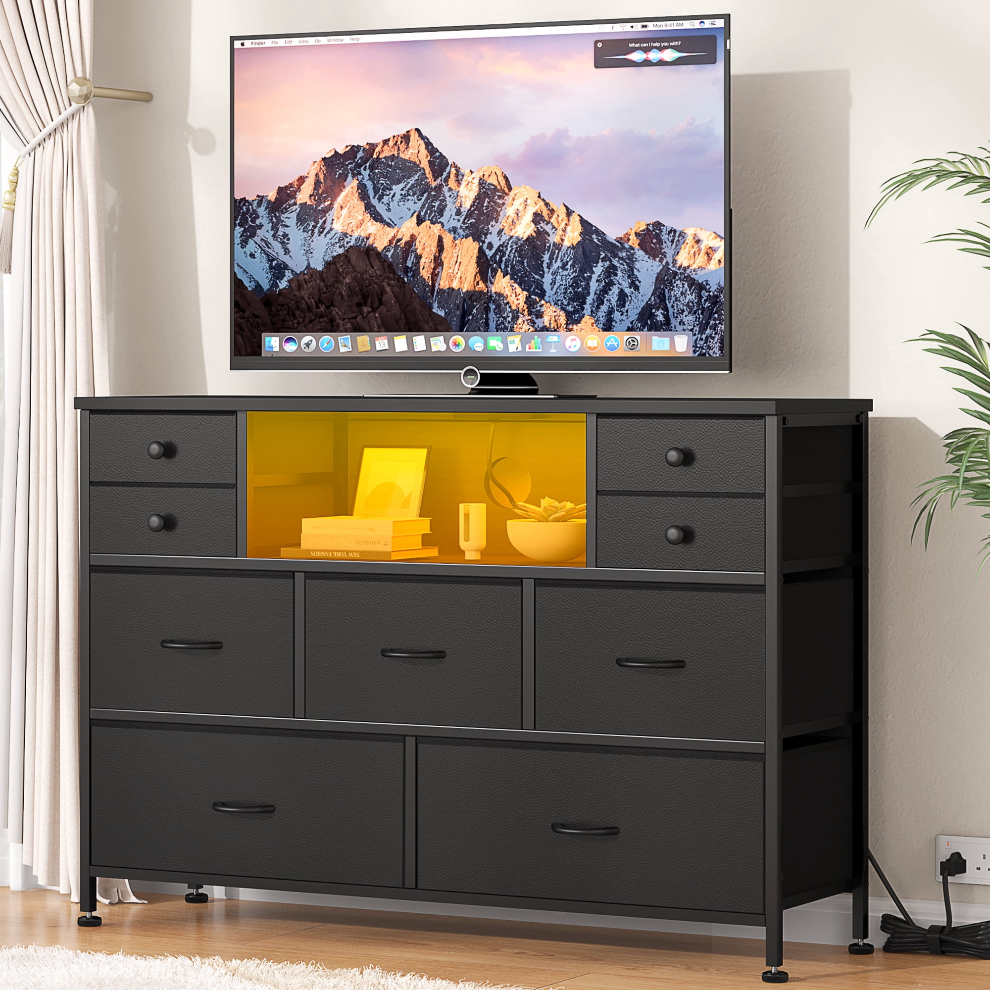 GIKPAL Dresser TV Stand for Bedroom, Black Dresser with LED Lights and Charging Station, Modern Dressers Chest of Drawers with 9 Storage Drawers for Living Room