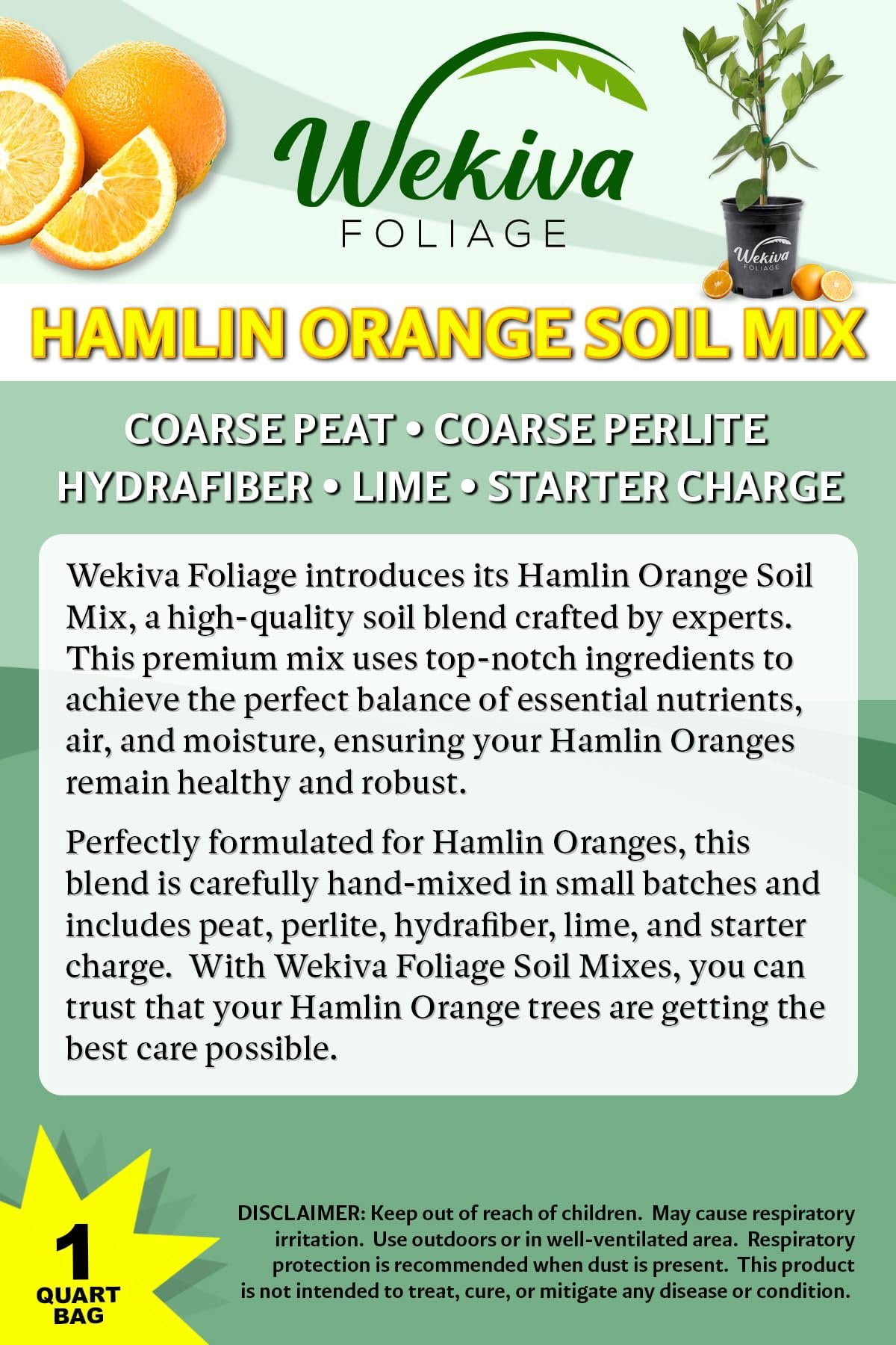 Hamlin Orange Tree Growing Soil Mix  1 Quart - Custom Soil Blend  Potting Mix for Hamlin Orange Trees  Specially Developed by and for Professional Nursery Growers - Nutrient-Rich Formula