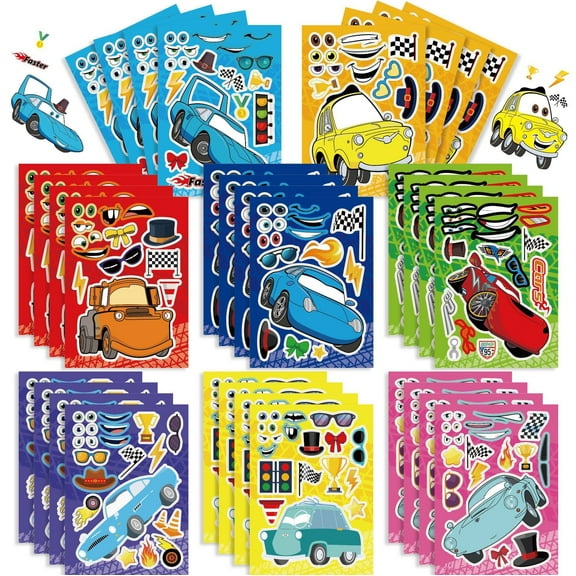 32pcs Cars Stickers DIY Kids Stickers with Changeable Faces Mixed & Matched with 8 Designed Characters Stickers for Party Decoration, Reward, Decor, Gift Idea