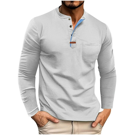 Lmnyox Cotton Long Sleeve Shirts for Men Classic Solid Crew Neck Button T Shirt Fall Winter Vintage Tees Tops
