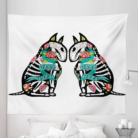 Abstract Art Tapestry, Skeleton Demon Flowers and Trick or Treat Words Holiday Design, Fabric Wall Hanging Decor for Bedroom Living Room Dorm, 5 Sizes, Multicolor, by Ambesonne