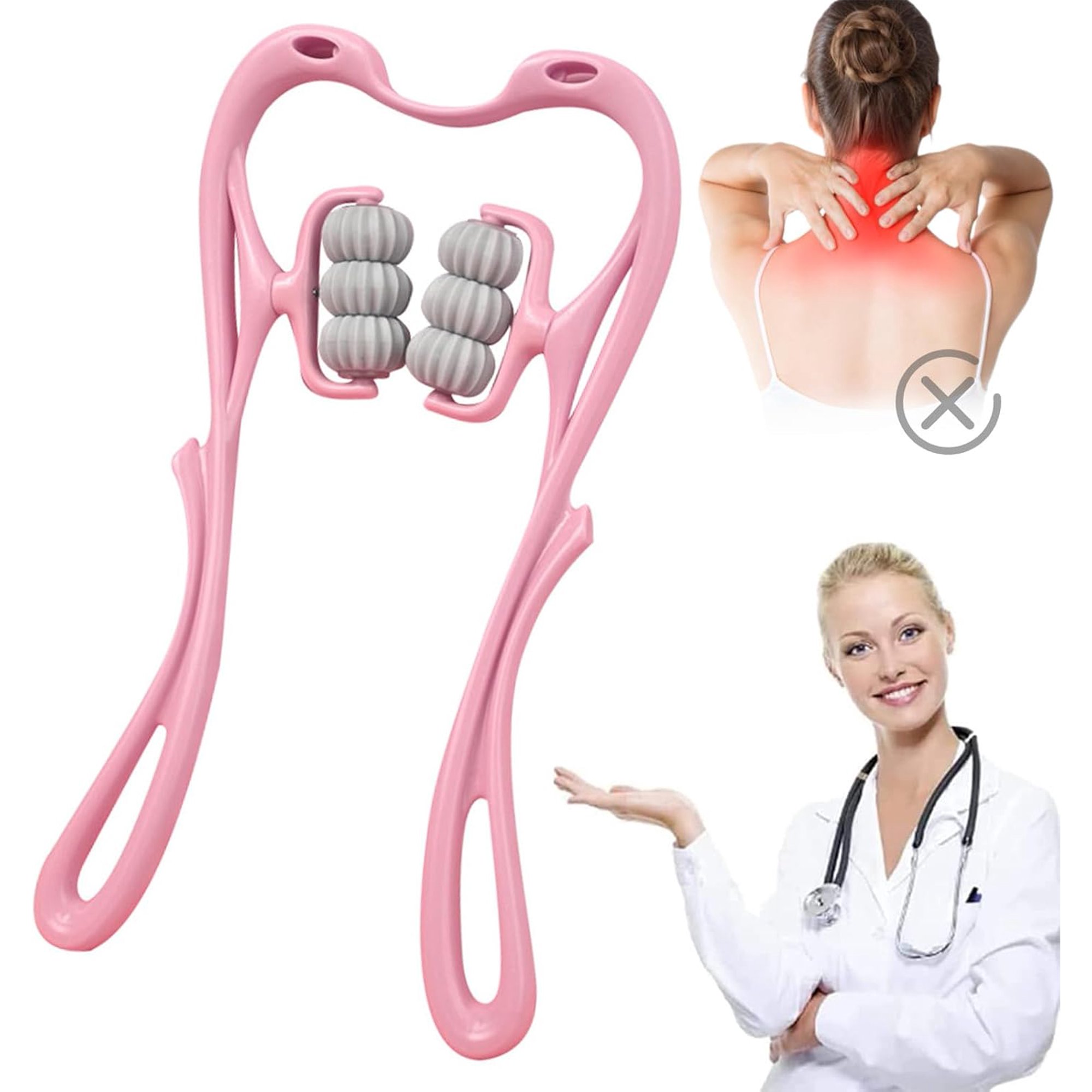 Handheld Neck Massager with 6 Rotatable Massage Rollers, Manual Pressure Relief Massager Tool for Neck, Shoulder, Back, Portable Self Massage Roller for Office Workers, Athletes