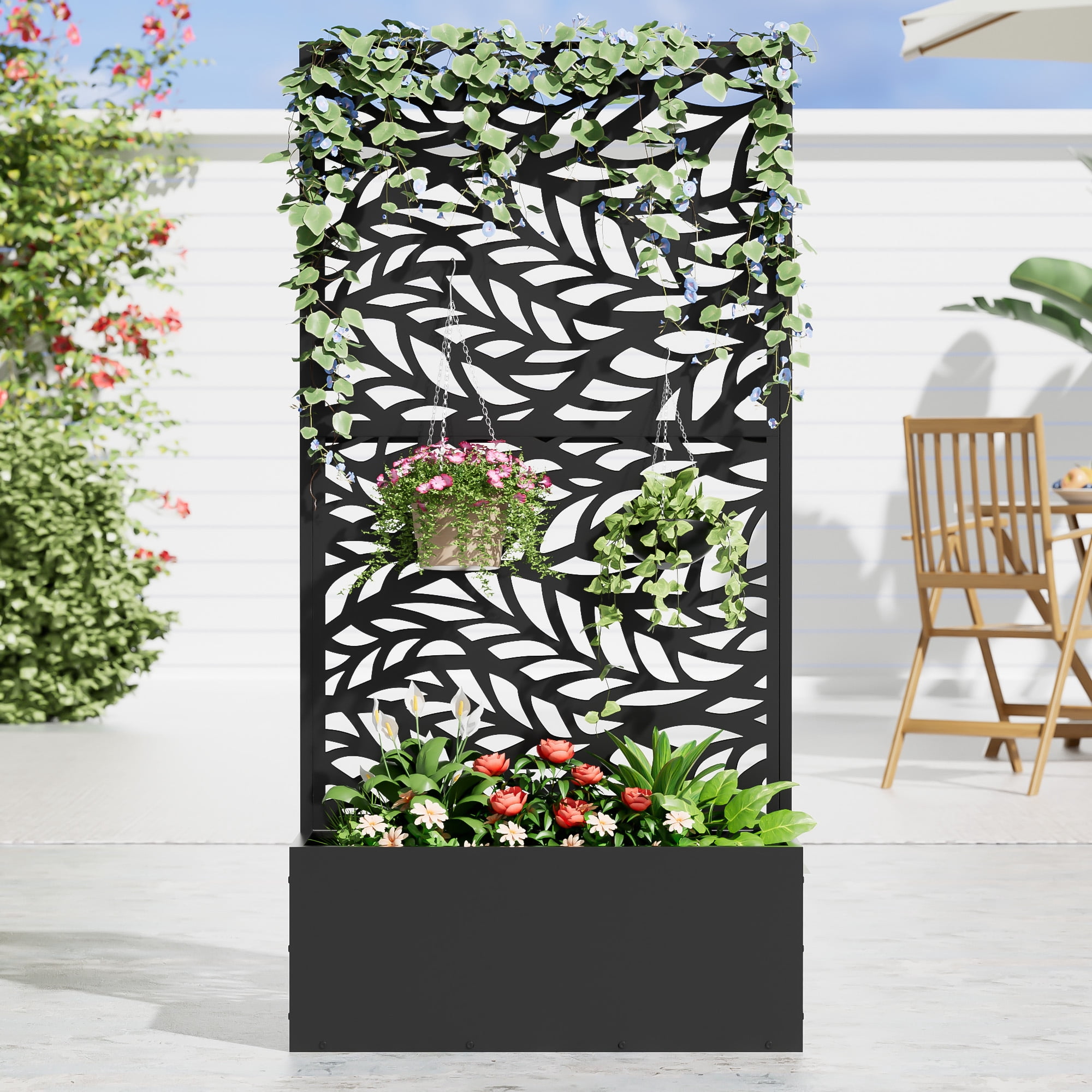 MAYEERTY 2-Set 59*30" Outdoor Black Metal Planter Box with Trellis for Climbing Plants, Flowing Leaves Panel