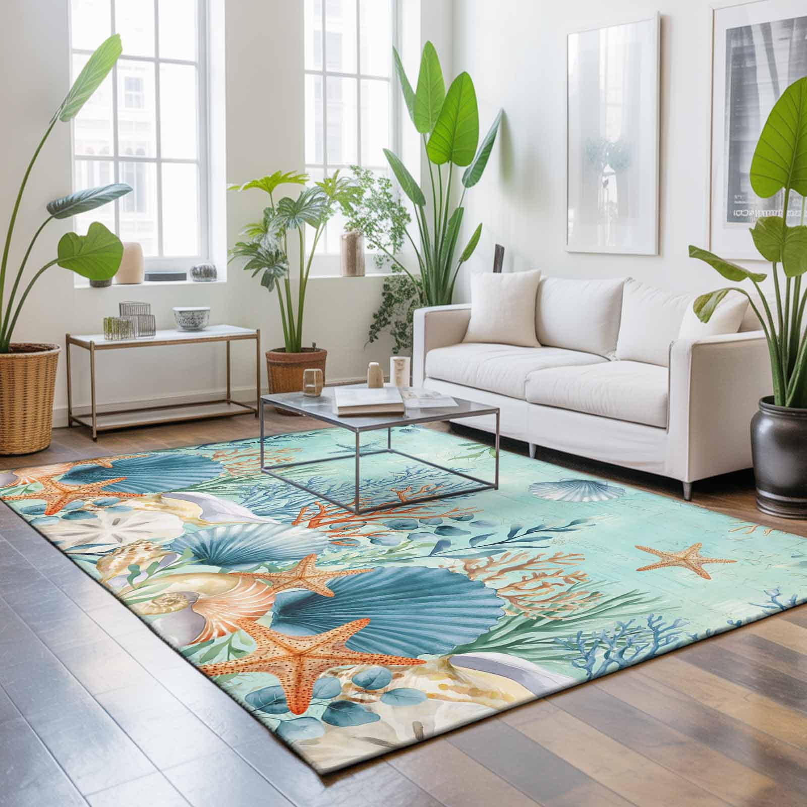 Large Area Rugs 8'x10', Teal Coastal Carpet Runner Indoor Outdoor Rugs Home Decor Aesthetic, Summer Beach Starfish Shell Coral Nautical Non Slip Mats Washable Accent Rug for Living Room Bedroom