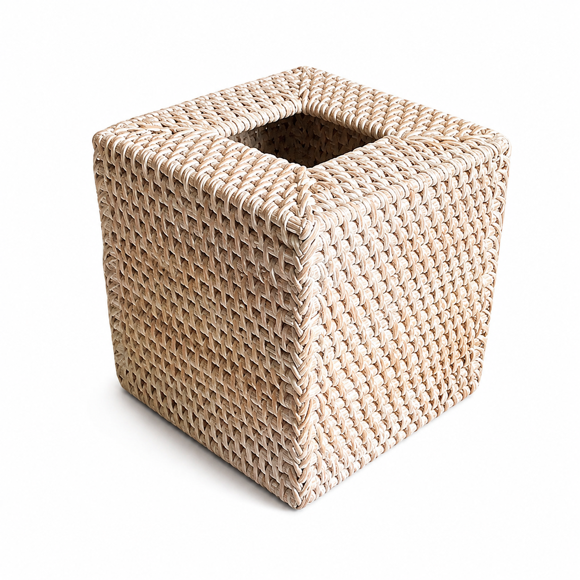 Square Hand Woven Rattan Tissue Box Cover, French Nordic Style Wicker Tissue Holder, Decorative Tabletop Organizer 5.5×5.5×5.7 Inch for Home Decor