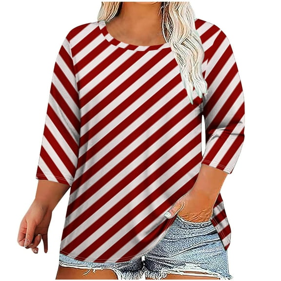 Jalioing Plus Size Striped Blouses for Women Oversized 3/4 Sleeve Crewneck Shirts Tops Casual Loose Pullover Tee