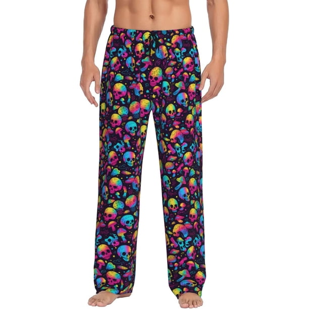 Fotbe Skull rainbow color mushroom Pantalones de Pijama para Hombre, Pantalones de Dormir, Pantalones de Casa con Cintura Ajustable y Bolsillos-Small