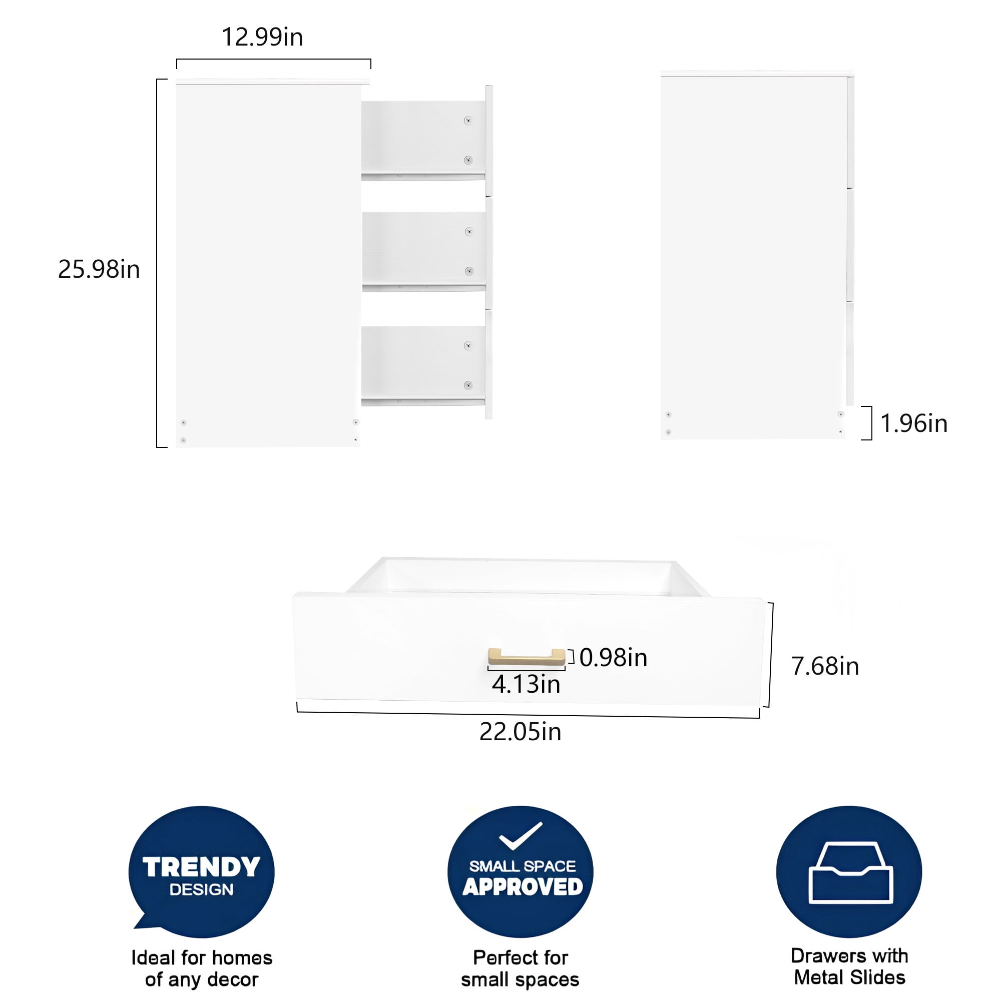 UHOMEPRO Nightstand, Modern 3 Drawer Nightstand, White Nightstand with Gold Handle, Wooden Bedside Storage Cabinet Unit for Bedroom/Small Space