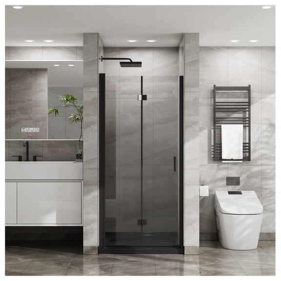 Goodyo 34"x 72" Bifold Frameless Glass Shower Door 1/4 inch Tempered Clear Glass Pivot Shower Panel in Black Finish, Foldable