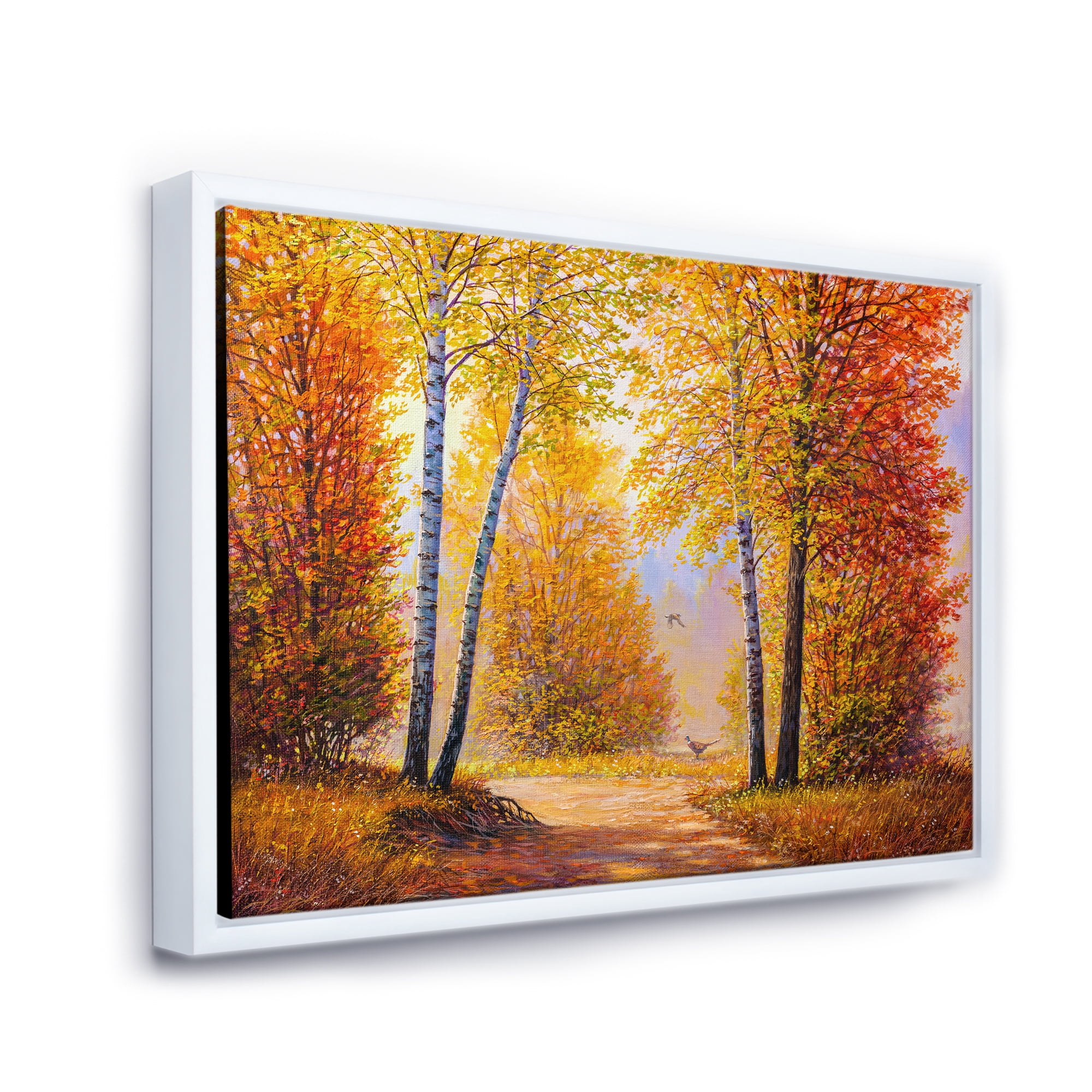 Designart 'Sunrise Glow Through The Autumn Trees' Lake House Framed Canvas Wall Art Print