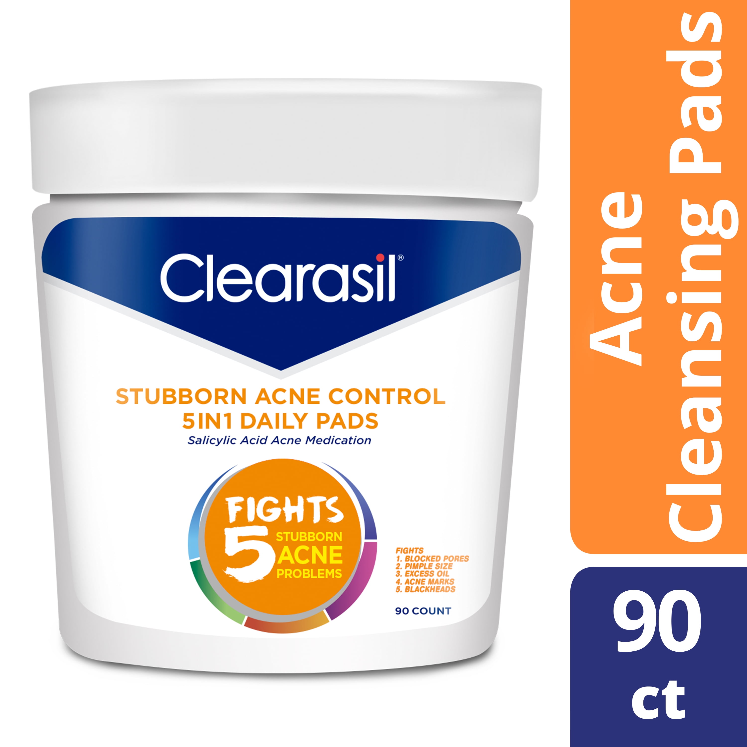 Clearasil Stubborn Acne Control 5in1 Daily Facial Cleansing Pads, with Salicylic Acid Acne Treatment Medicine, 90 Count