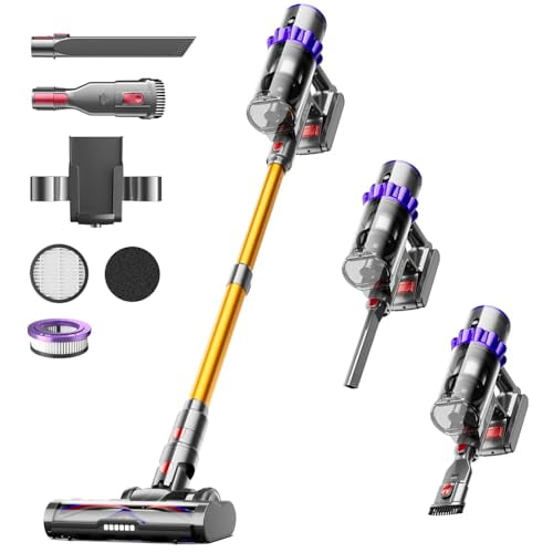 Aspiradora inalámbrica de 550 W, 45 kPa, 70 minutos de uso, con base para el hogar, con carga de pared, pantalla LDE y cepillo giratorio mejorado para alfombras, pelo de mascotas y suelos de madera.