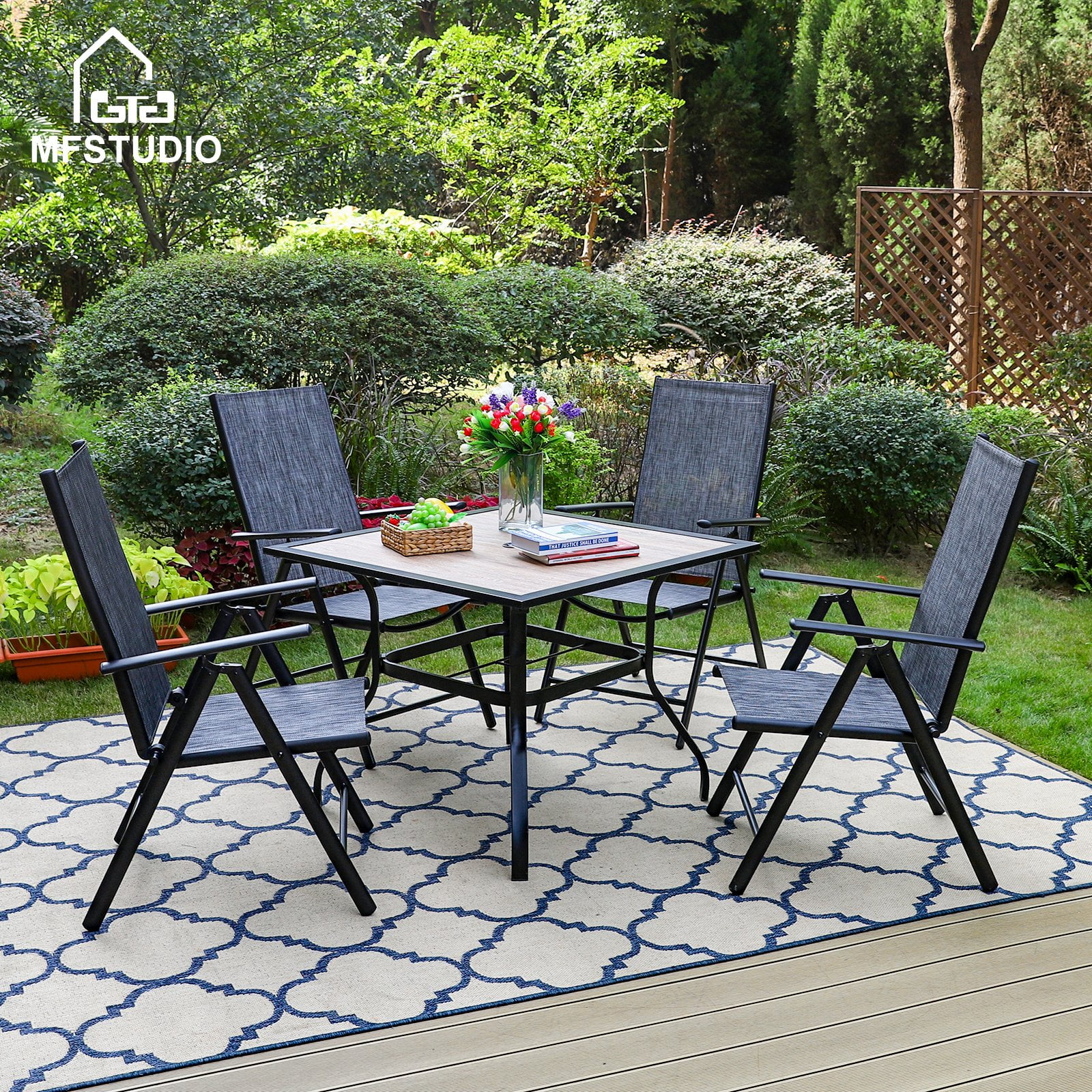 MF Studio 5Piece Patio Dining Set with Square Woodlike Table&Textilene Folding Chairs for 4